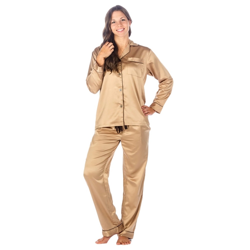 Noble Mount Women's Premium Satin Pajama Sleepwear Set - Champagne Glow - Large